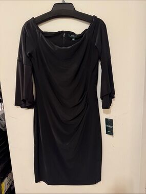 Lauren Ralph Lauren Black Draped Midi Sheath Dress with Flutter Sleeves